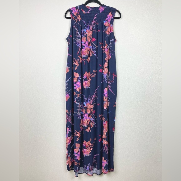 A New Day Women's Medium Floral Navy Sleeveless Maxi Dress Smocked Mock Neck - Picture 1 of 16